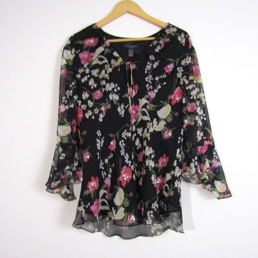 Silkland Women's Top 1X Black Floral Silk Sheer Fairy Sequins Vintage Whimsygoth
